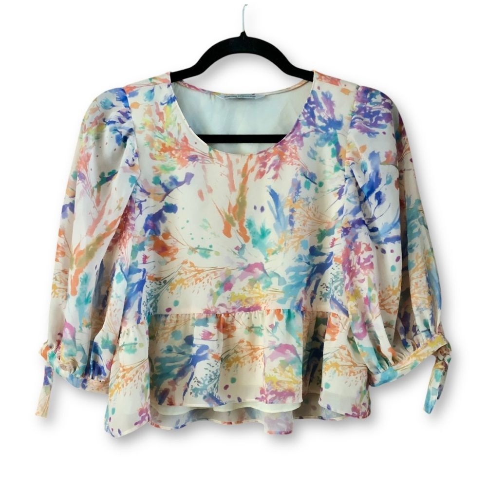 Amanda Uprichard Short Puff Sleeve Top in Floressence Floral Size XS Dopamine